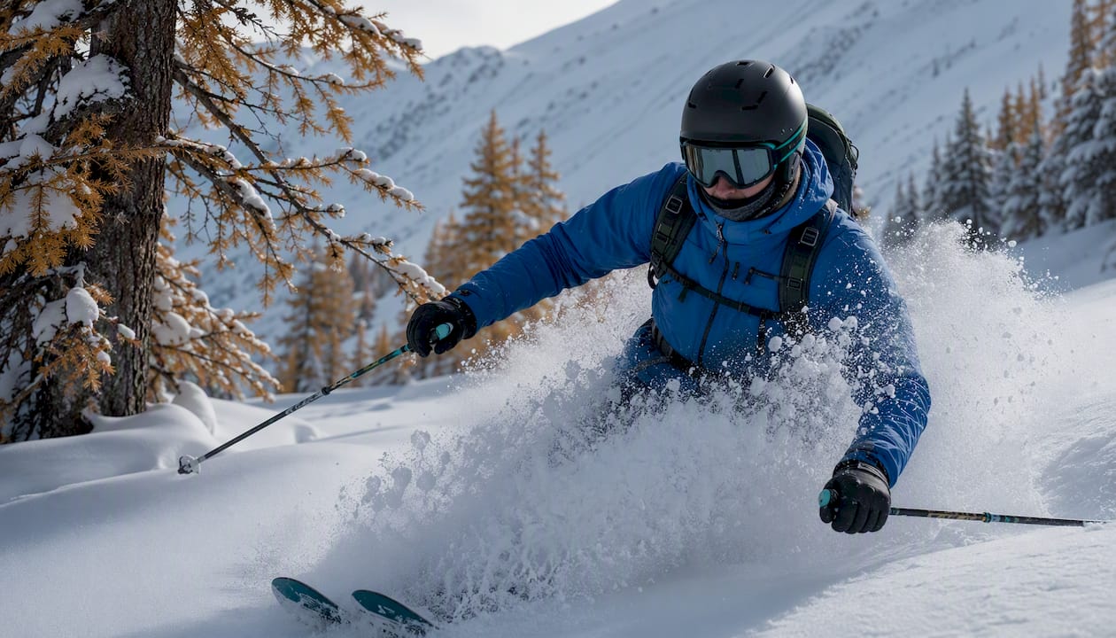 Skier turning through deep powder snow on an open mountain slope