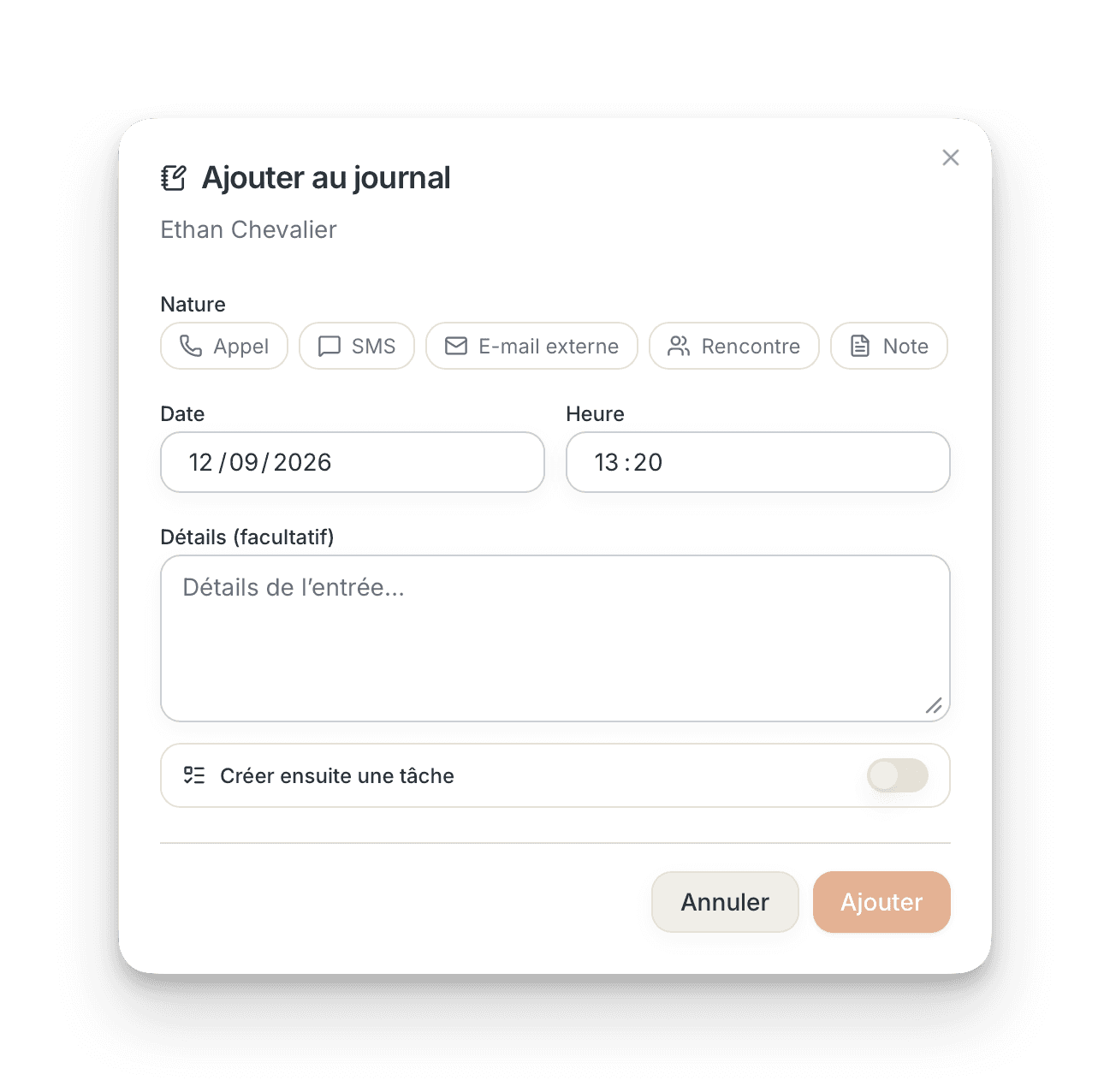 Fenêtre Ajouter au journal dans Wiklee avec les cinq natures d’entrée disponibles.