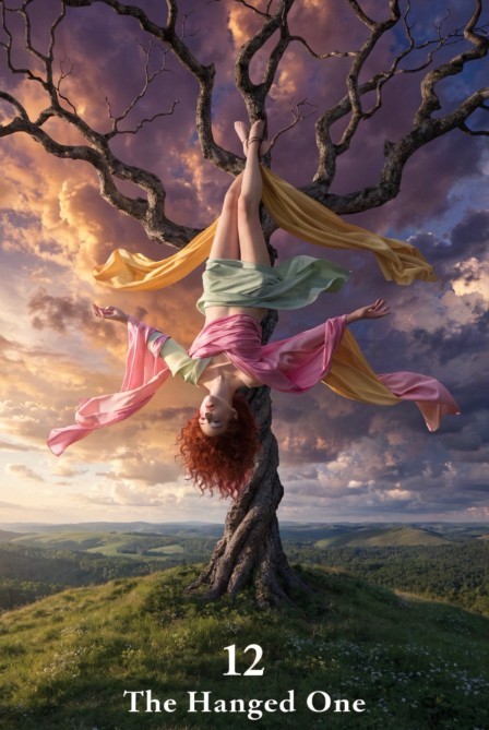 representation of tarot card number 12, the hanged one, fetauring a readhead woman hanging by the feet in an intricate, leafless tree on the top of a hill