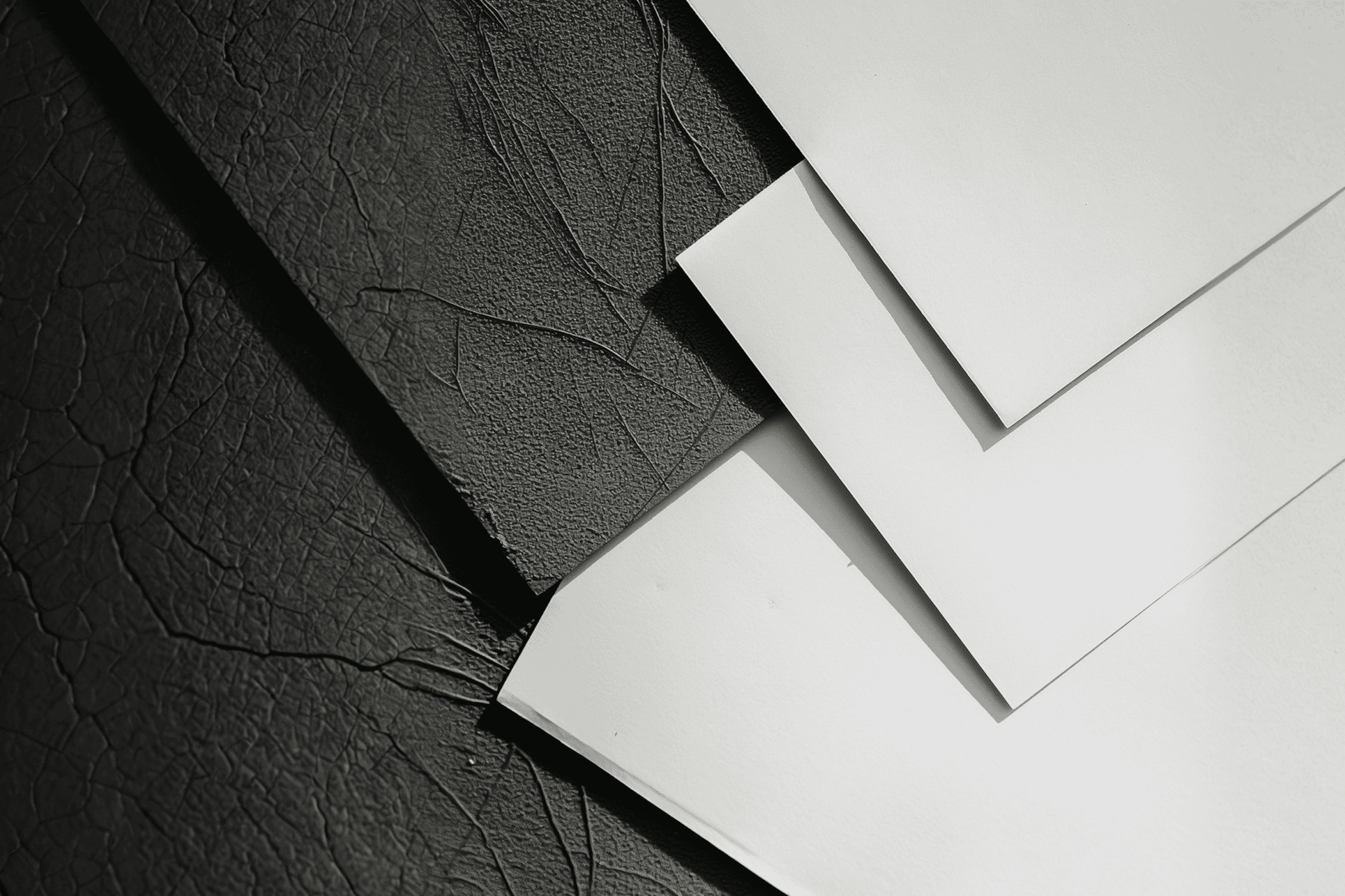 Layered white papers on a textured dark surface, creating a geometric pattern with contrasting textures and subtle shadows.