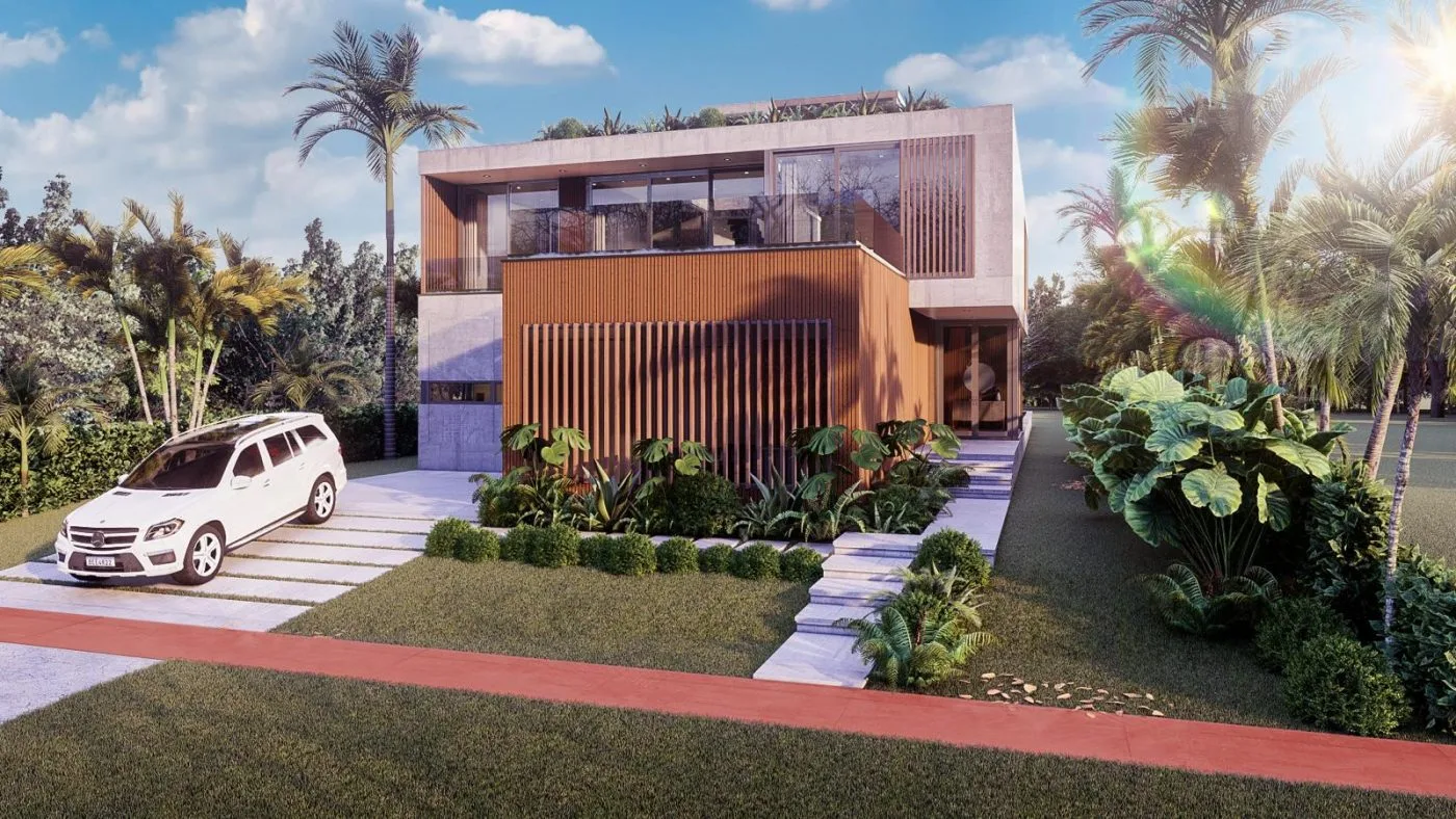 Front exterior of modern two-story residence with wood slat facade and rooftop garden, Miami Beach