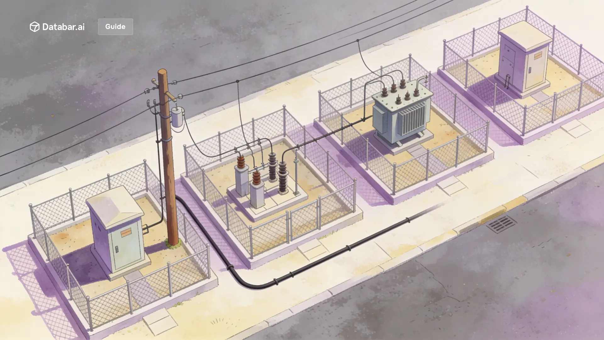 Aerial illustration of substation compounds linked by a single trunk line — best MCP servers for Claude Code and GTM teams