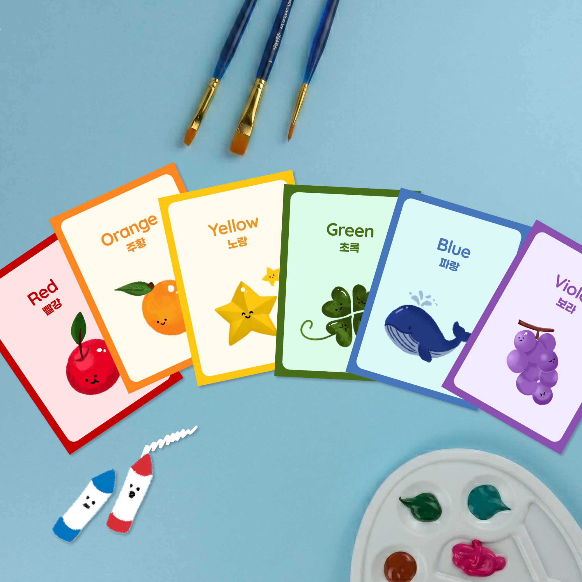 Color flashcards printable set preview with Korean-English color cards.