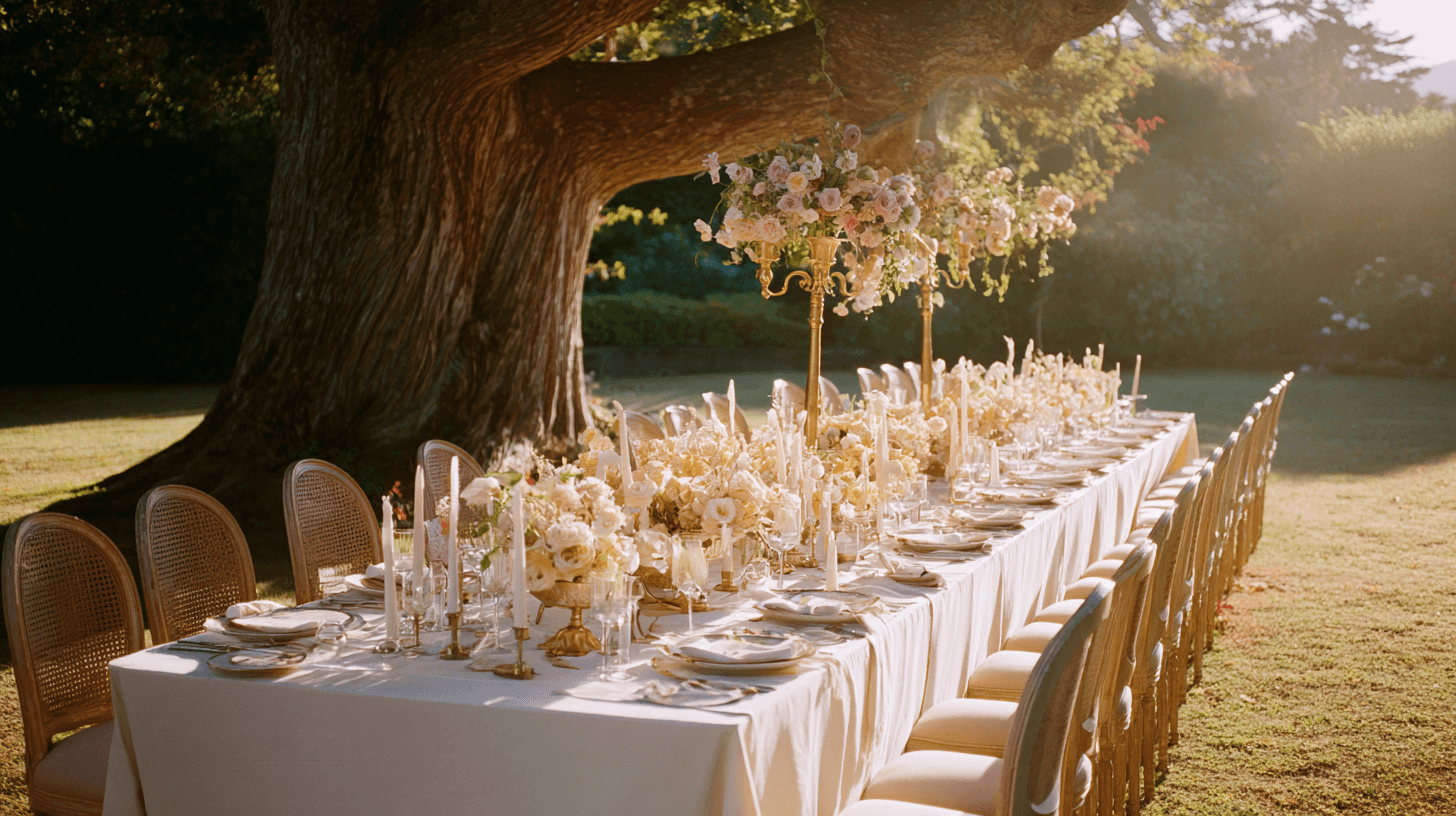 Long outdoor dinner table styled with flowers beneath an old tree