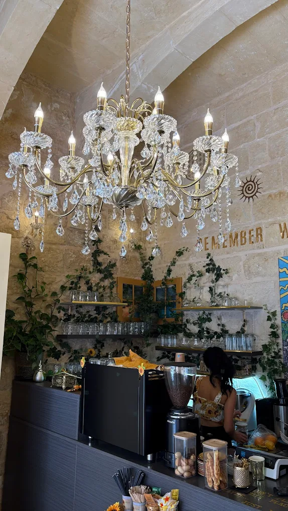 Cozy café interior with bar and hanging lights