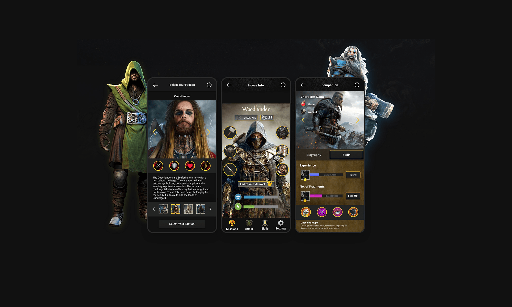 Mobile game UI/UX design inspired by ancient warriors and strategic battle gameplay.