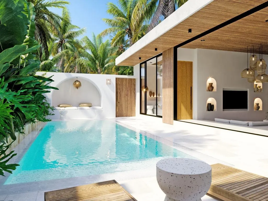 Modern rental home exterior with warm evening light