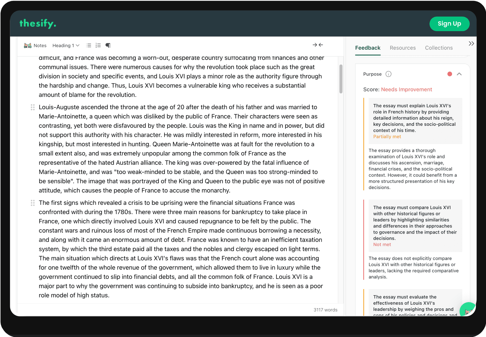 screenshot of thesify's feedback on purpose with questions and score