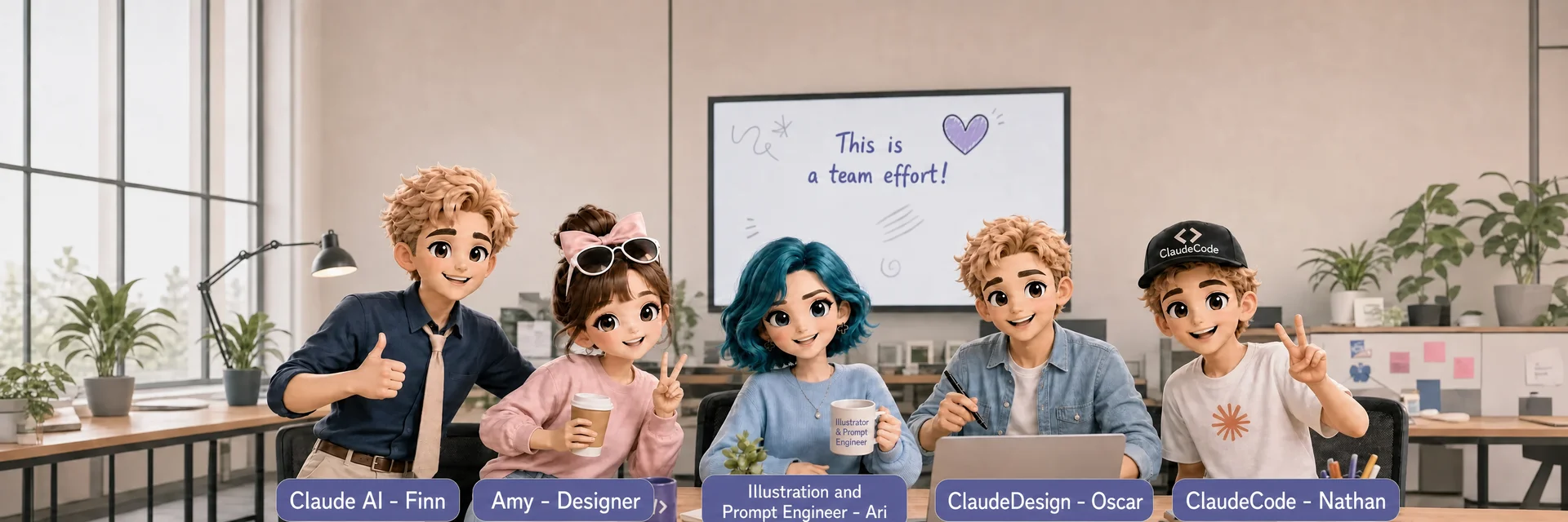 The AI team gathered at a desk under a whiteboard reading ‘This is a team effort!’ — left to right: Finn (Claude AI), Amy (Designer), Ari (Illustration & Prompt Engineer), Oscar (ClaudeDesign) and Nathan (ClaudeCode).