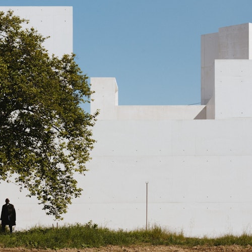 Una persona está de pie cerca de un gran árbol frente a un edificio moderno y blanco bajo un cielo azul y despejado.