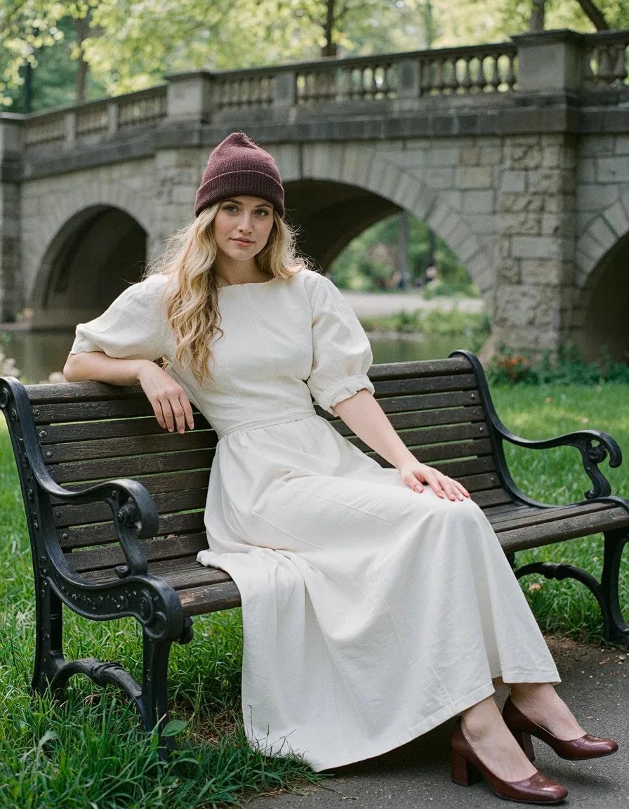 Person in white dress and burgundy beanie sitting on park bench with historic stone bridge in background, soft natural lighting