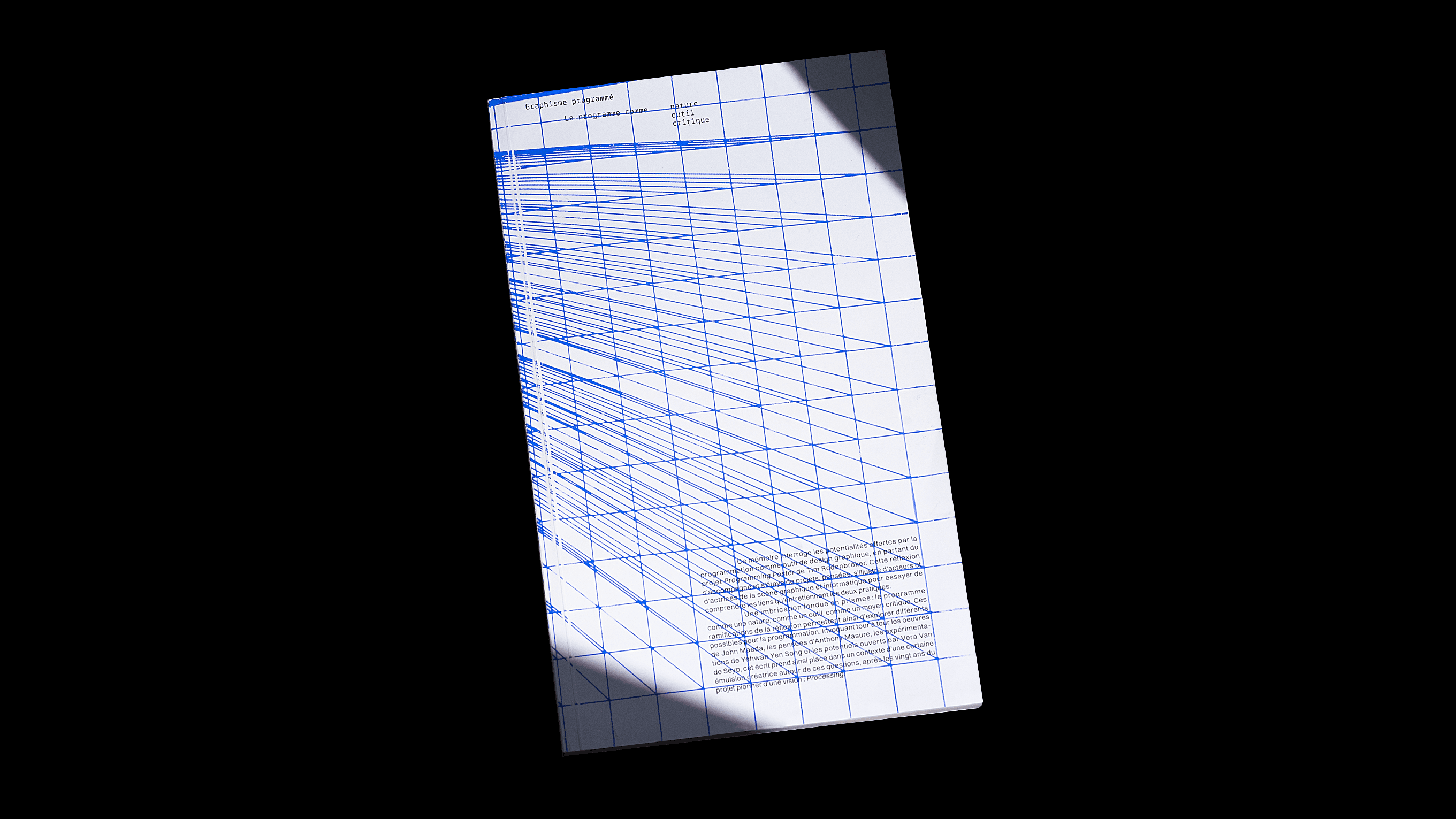 Editorial design spread featuring a blue perspective grid on white background with minimalist typography