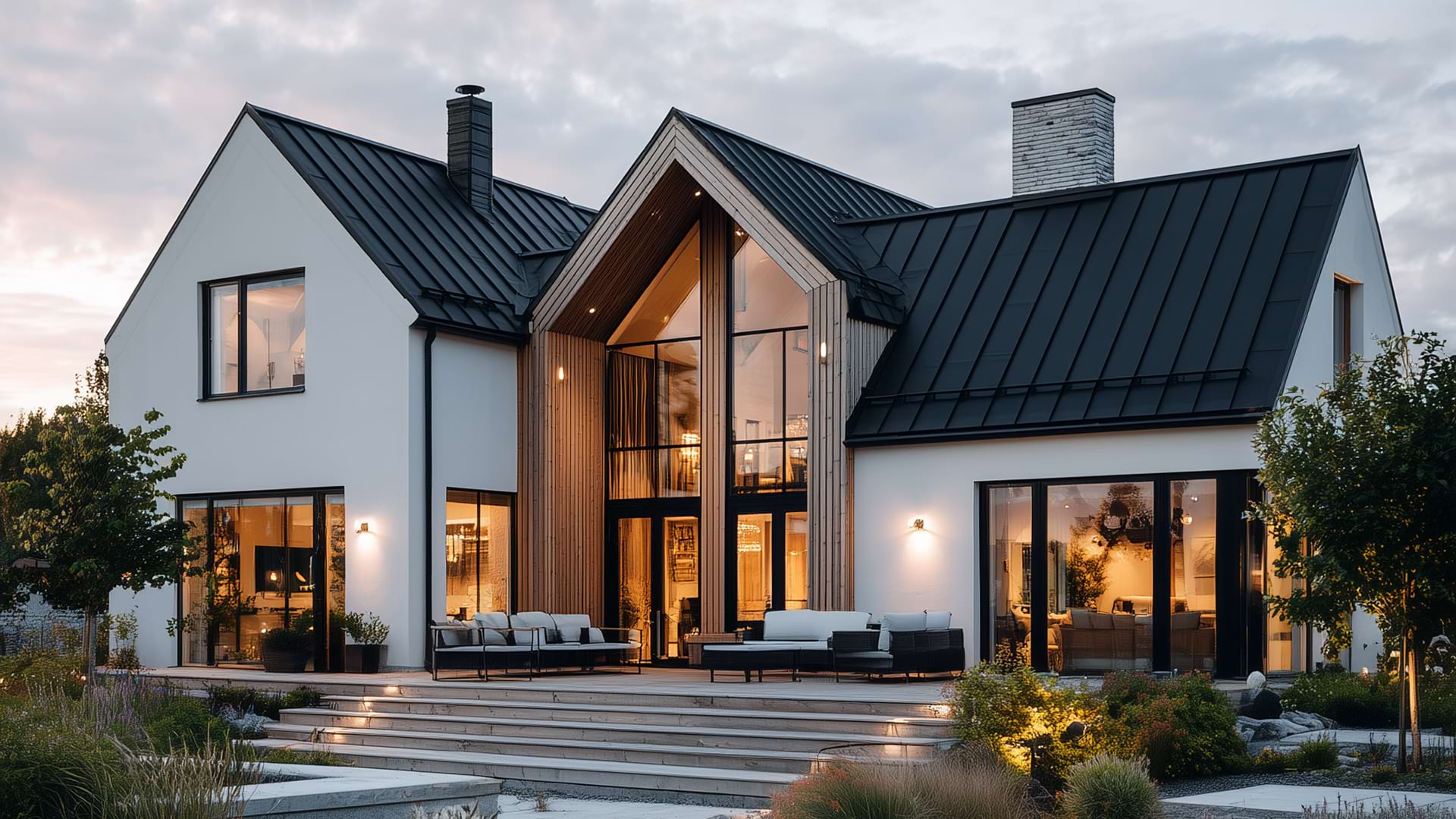 Modern two-story house at twilight with large windows, sleek black roof, and minimalist exterior. Warm interior lights and cozy patio seating add a welcoming feel.