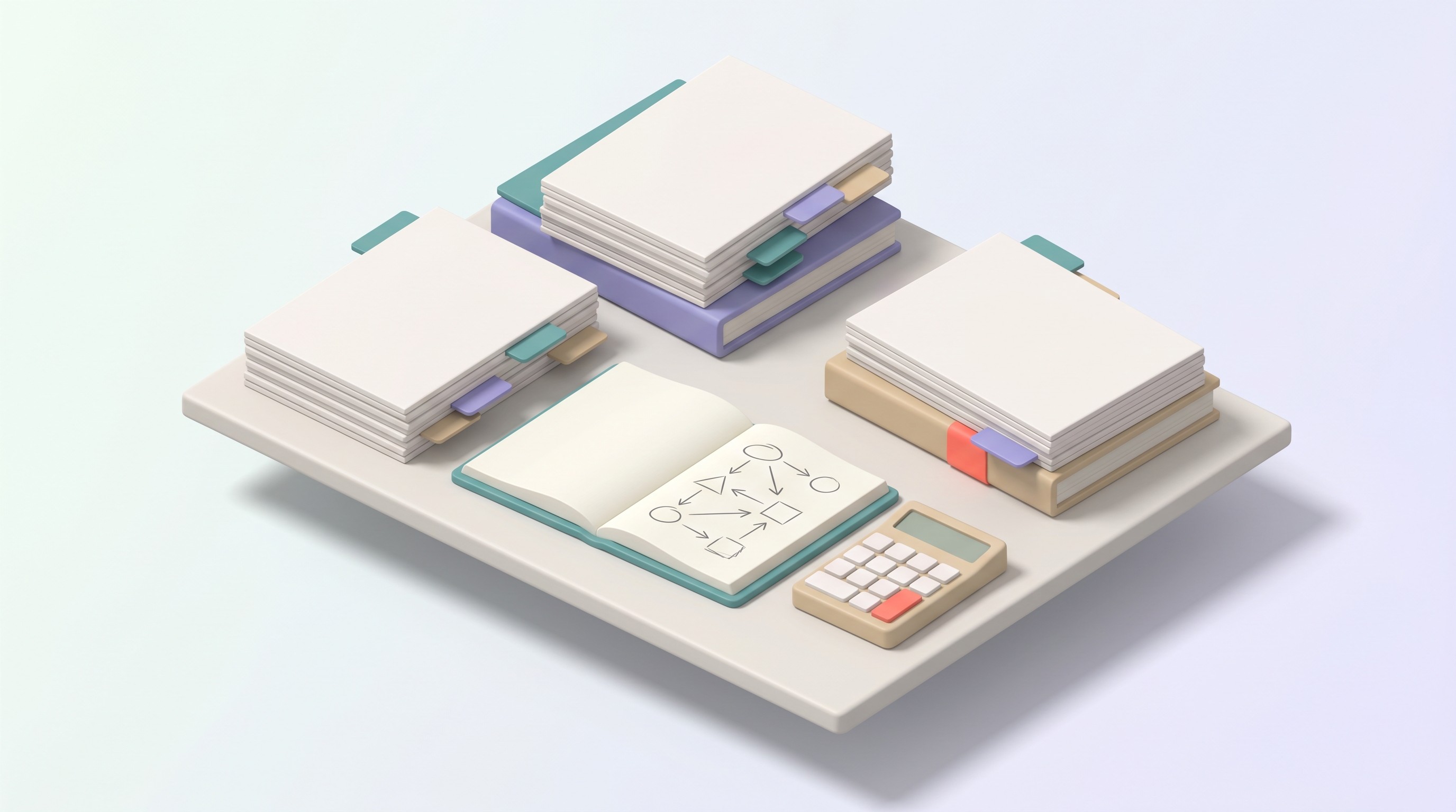 Desk with research design piles
