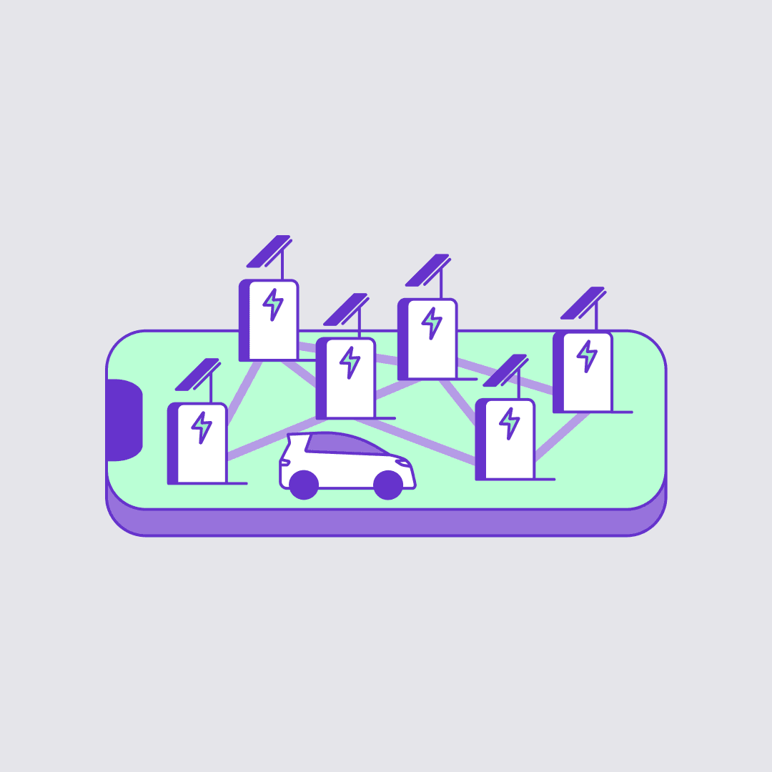 Illustration of an electric vehicle connected to a network of charging stations, shown within a stylised smartphone outline.