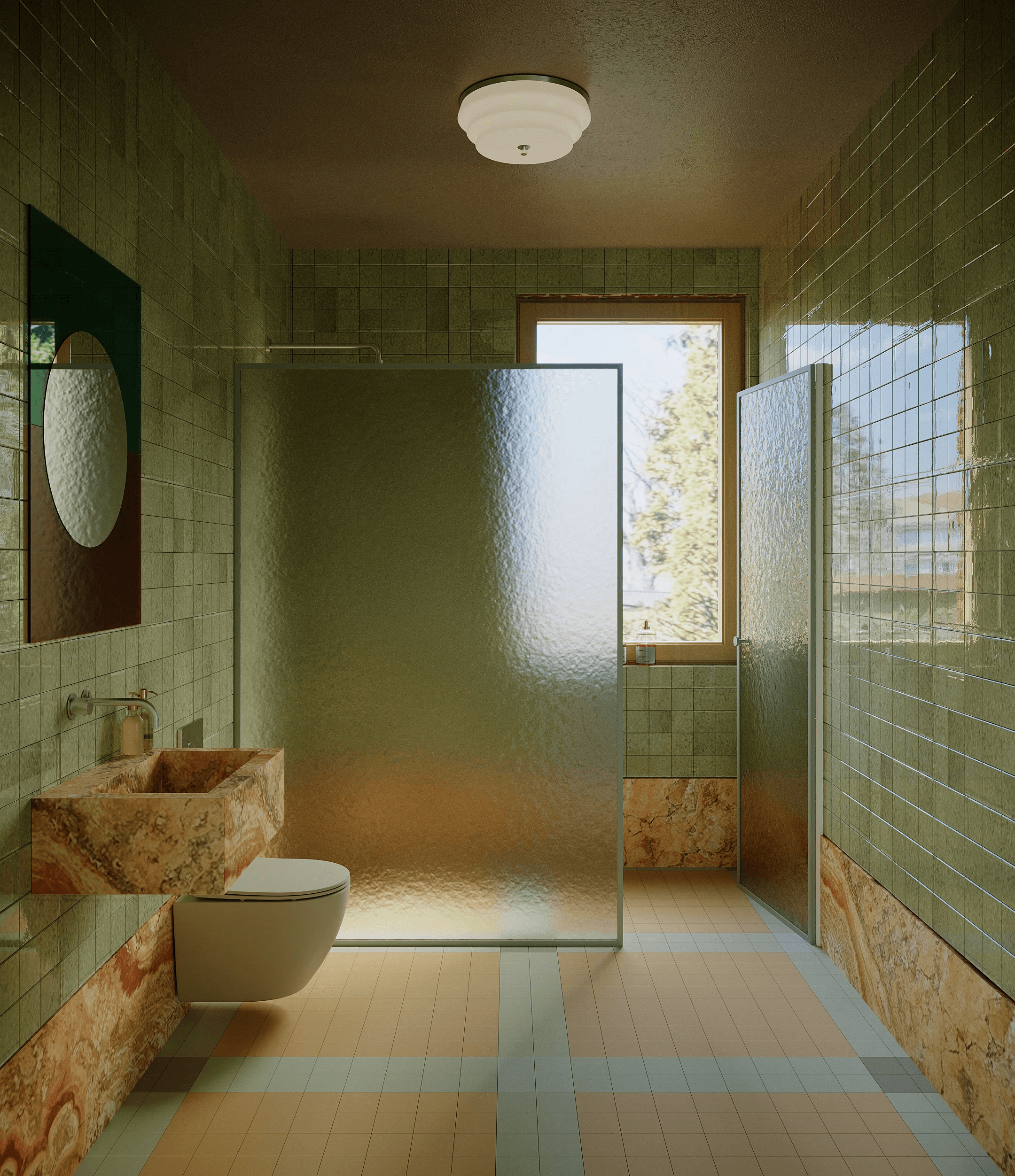 yellow checkered bathroom viola calacatta marble