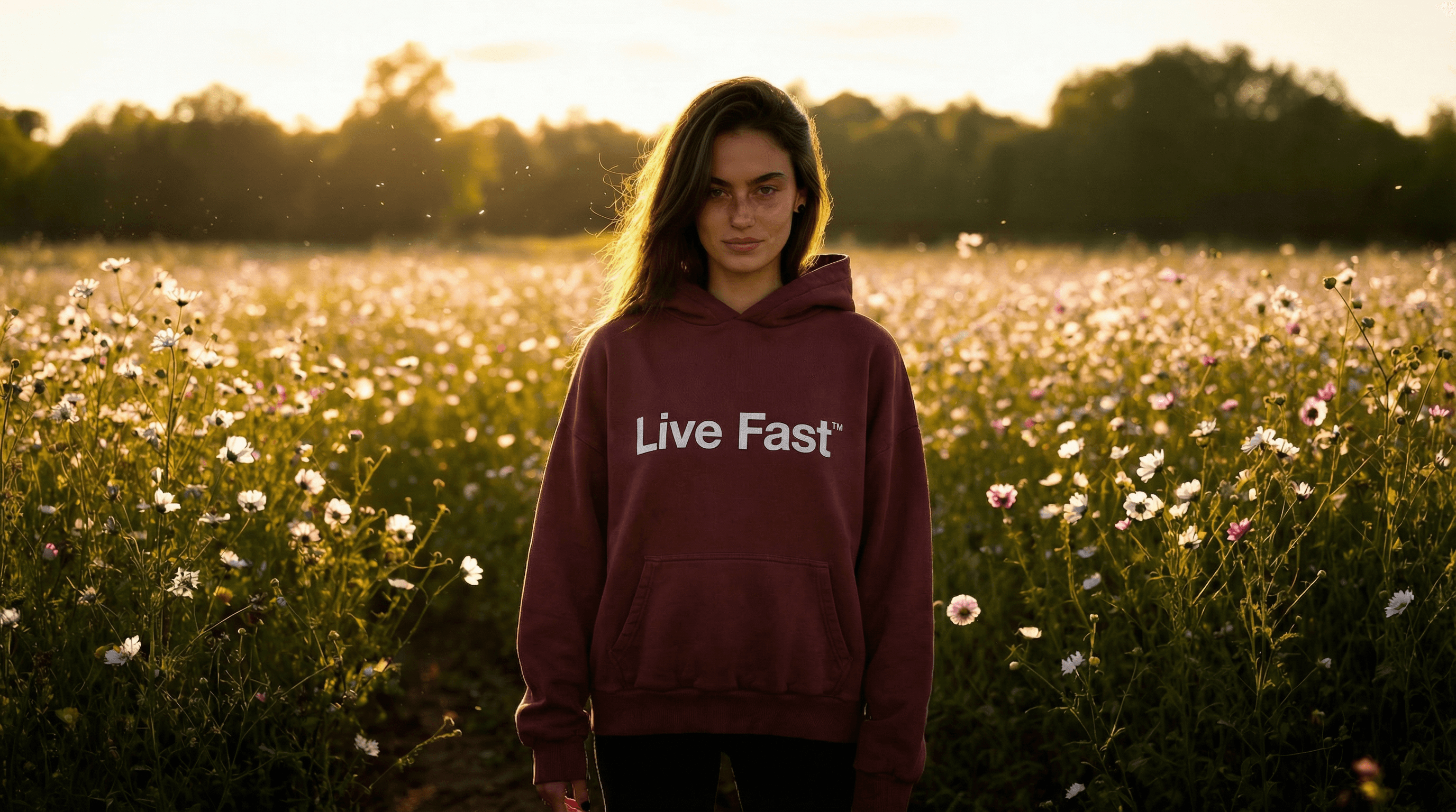 Weibliches KI-Model in burgunderrotem Hoodie mit ‚Live Fast‘-Print, stehend in einem blühenden Feld bei goldenem Sonnenuntergang – ideal für Fashion-, Outdoor- und Lifestyle-Content.