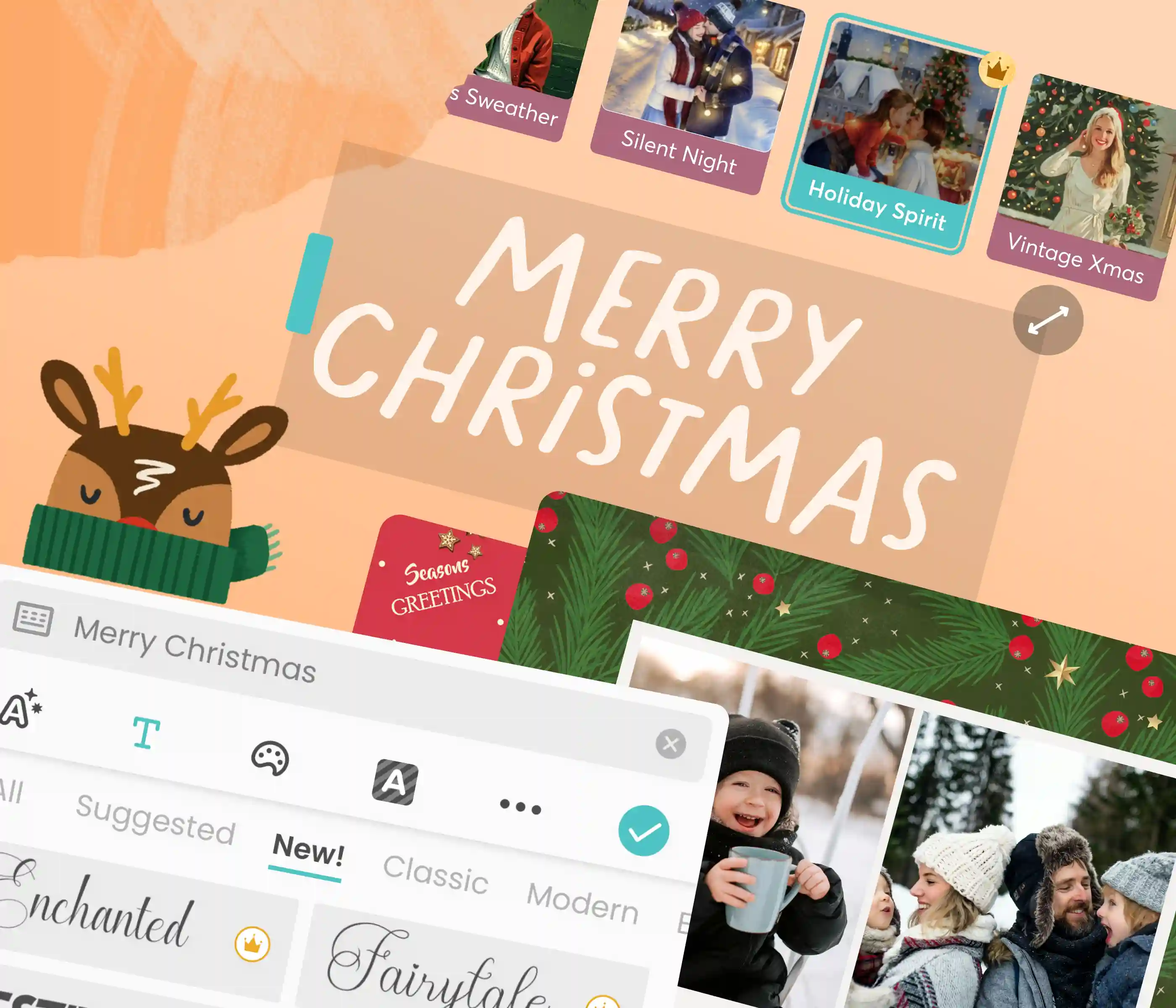 Personalizing a 'Merry Christmas' holiday card with template choices and font options