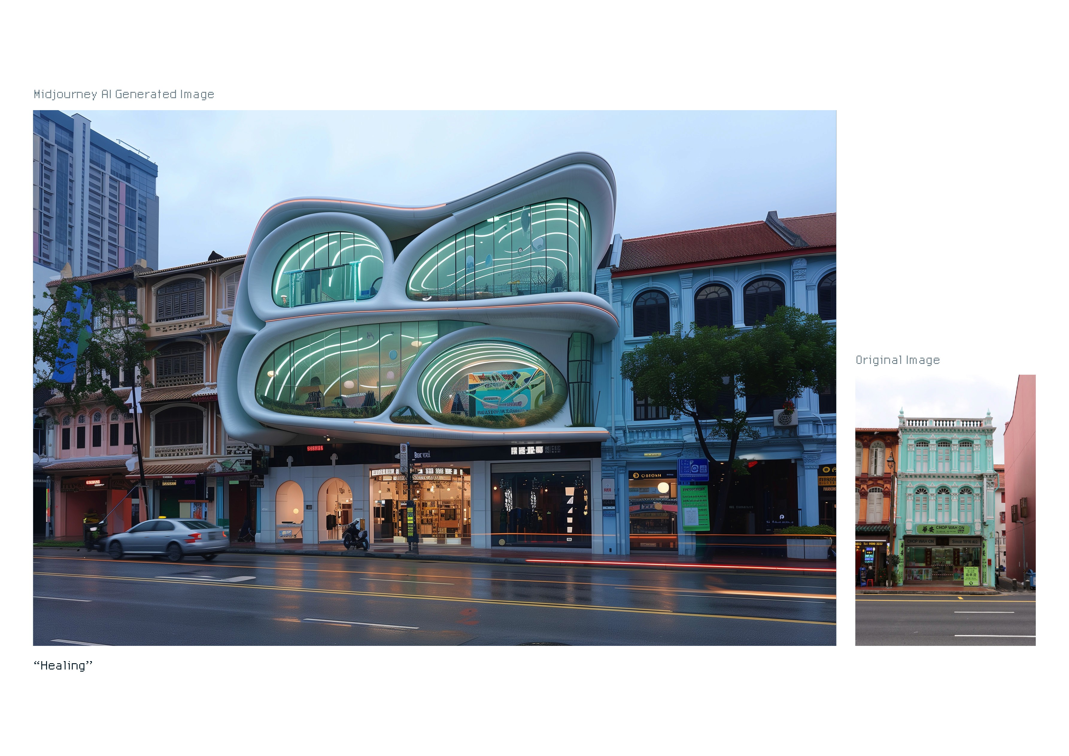 A futuristic building with green lights for the interior 