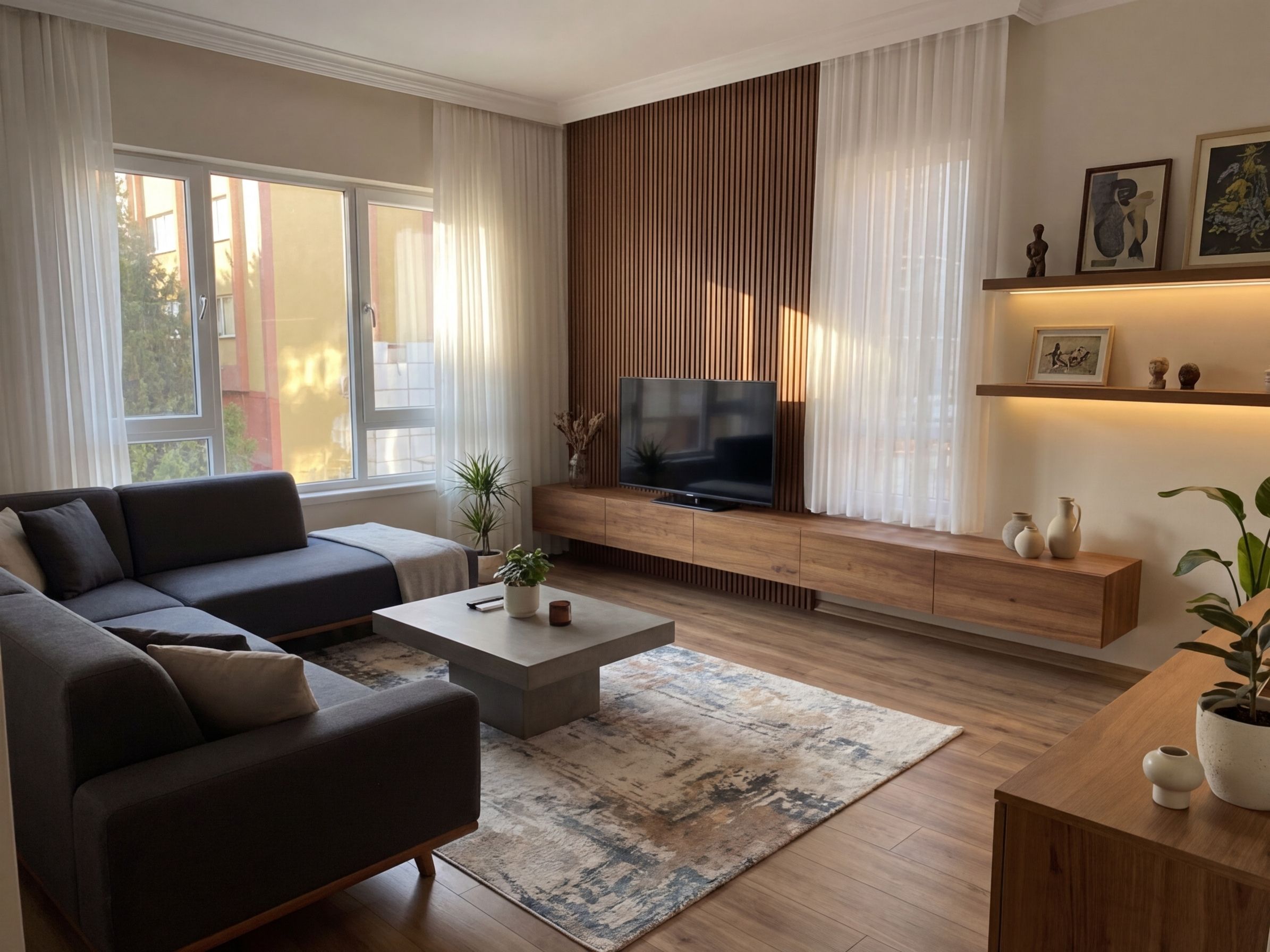 Modern minimalist living room with gray sectional and wood accents by AI