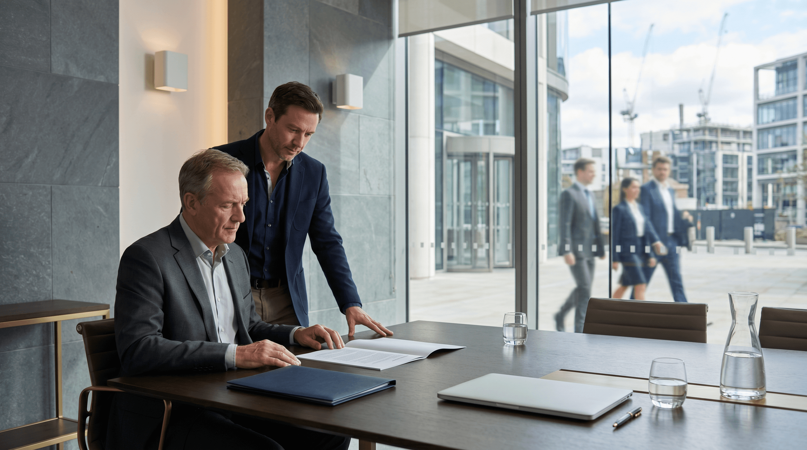 Senior business leader overlooking a major UK growth district while assessing whether the organisation is commercially positioned for new market opportunities.
