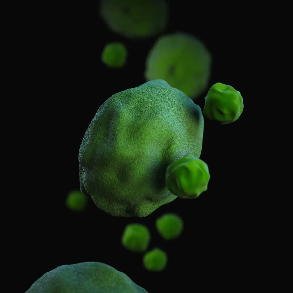 Green microscopic organism with textured surface and smaller structures surrounding it on a black background.