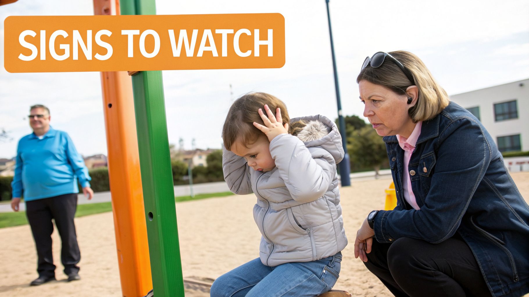 A child covers their ears on a playground, with an adult observing nearby, under a 