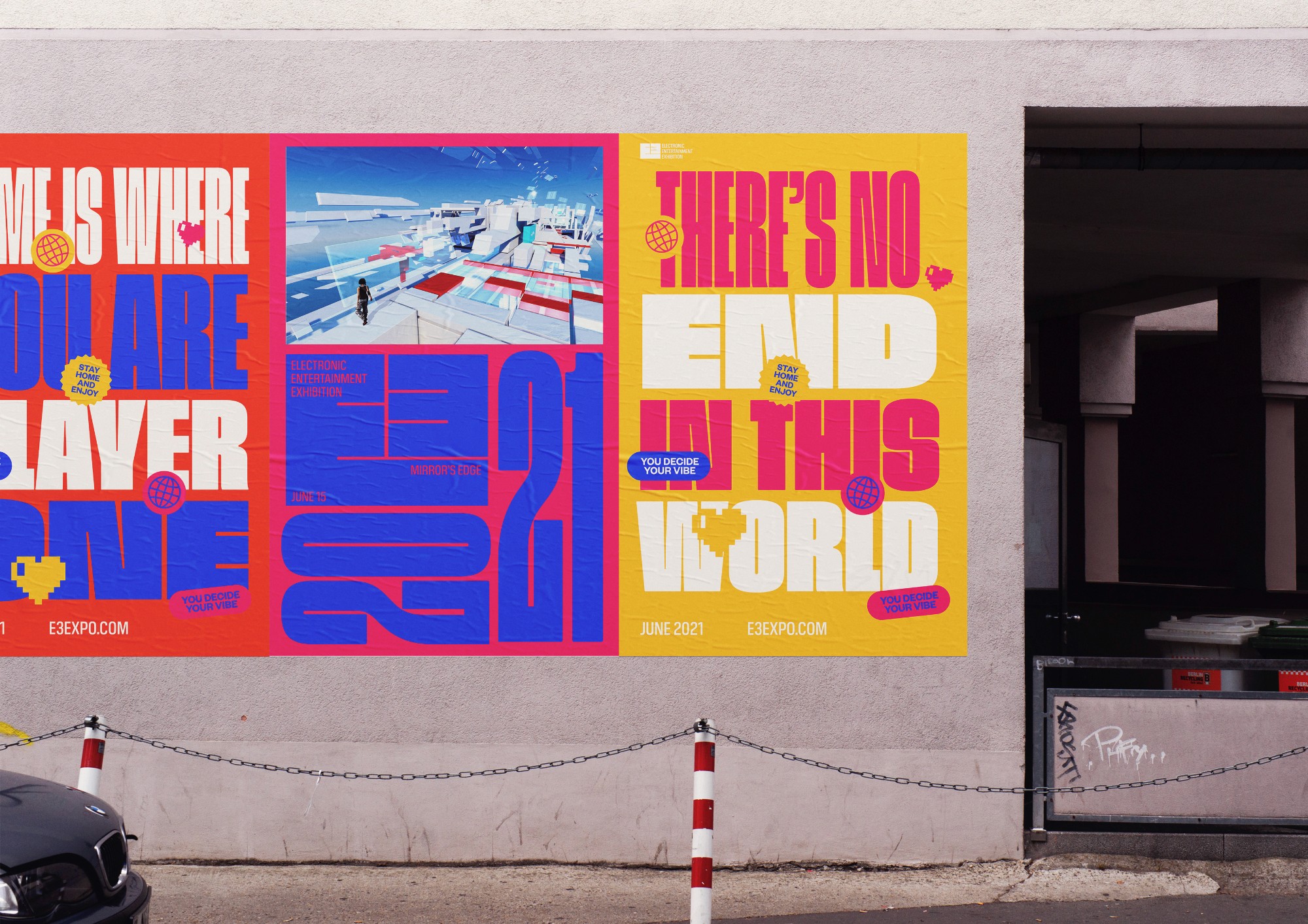 Streetside billboard with flyposters of the Batch.Works brand and illustrations