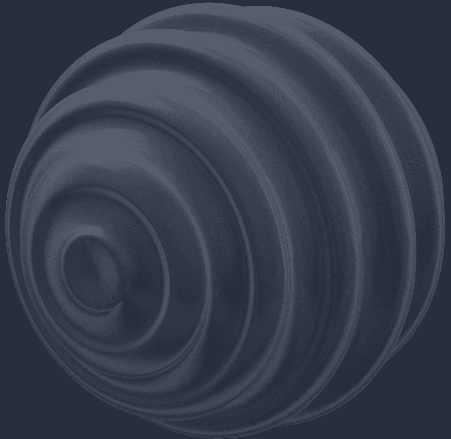 A matte, dark blue, spherical object with smooth, concentric ridges spiraling outward, resembling a stylized shell on a solid gray background.