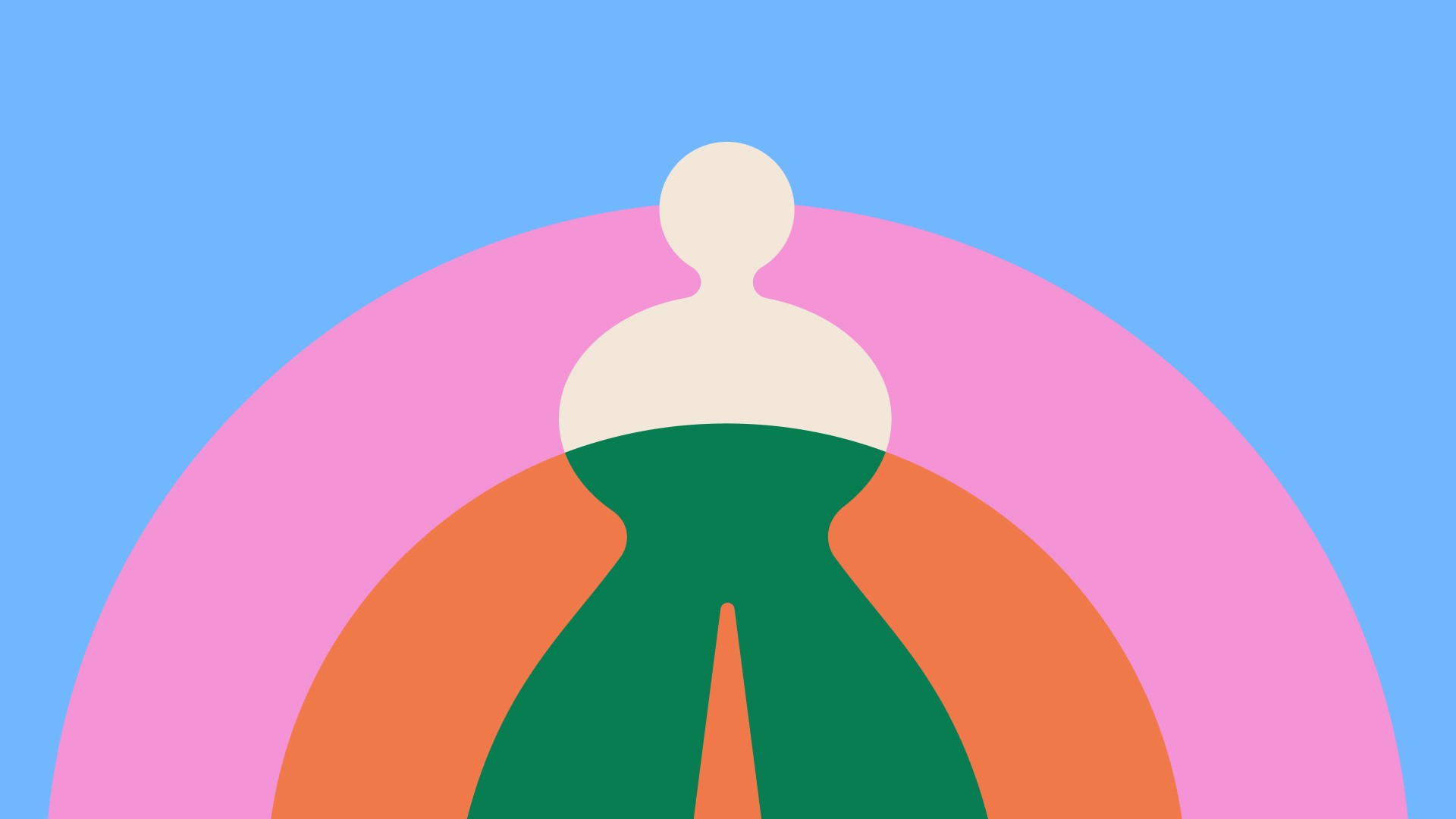 Abstract image of a stylized figure in cream, set against layered pink, orange, and green arches with a blue background. Vibrant and modern.