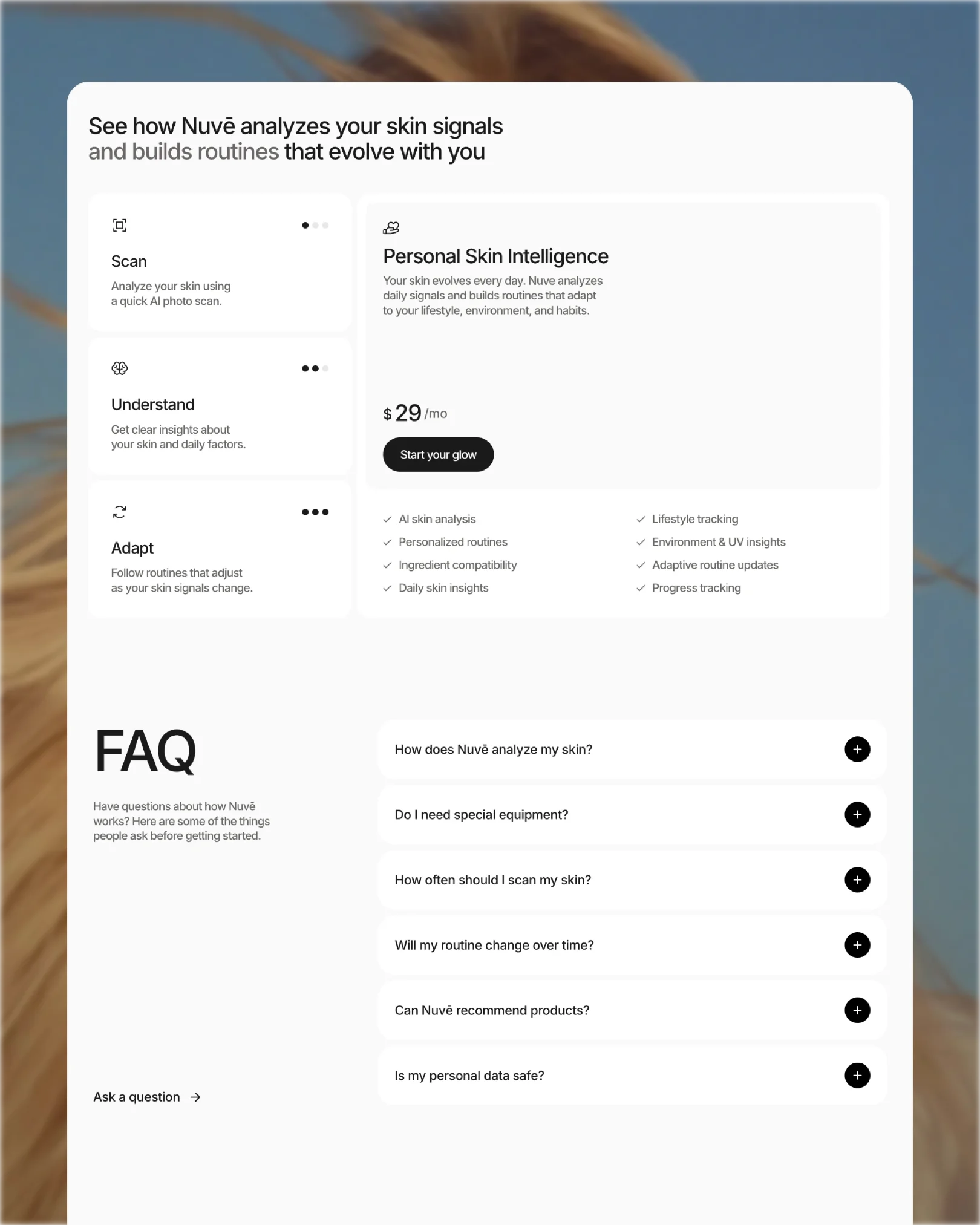 Nuvē scan-understand-adapt steps, pricing and FAQ section — web design by Luna UI design studio