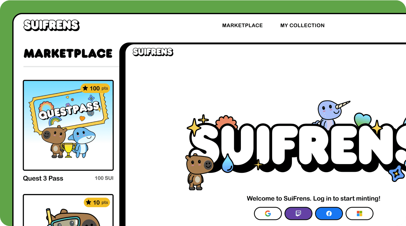 The image shows a marketplace interface for "SuiFrens," featuring the logo and a cute character. It highlights items like the "Quest 3 Pass," with pricing details. The design is colorful and inviting, with a login option for users.
