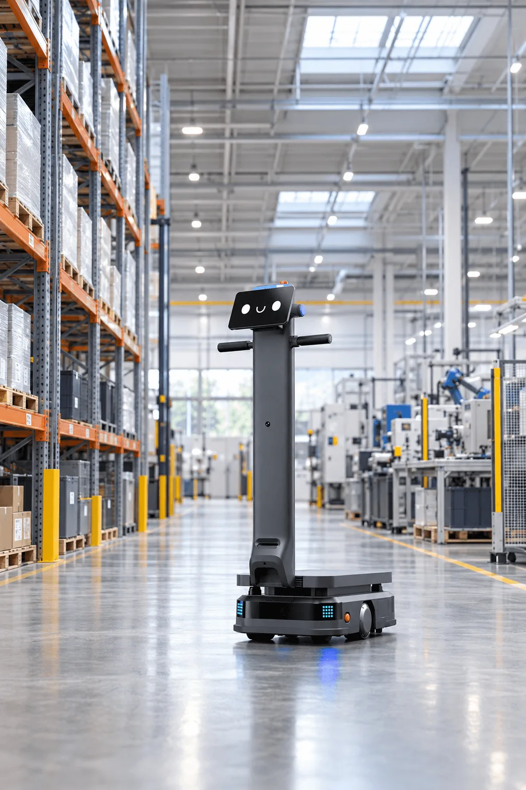 Robot mobile autonome entre les racks d'un entrepôt logistique