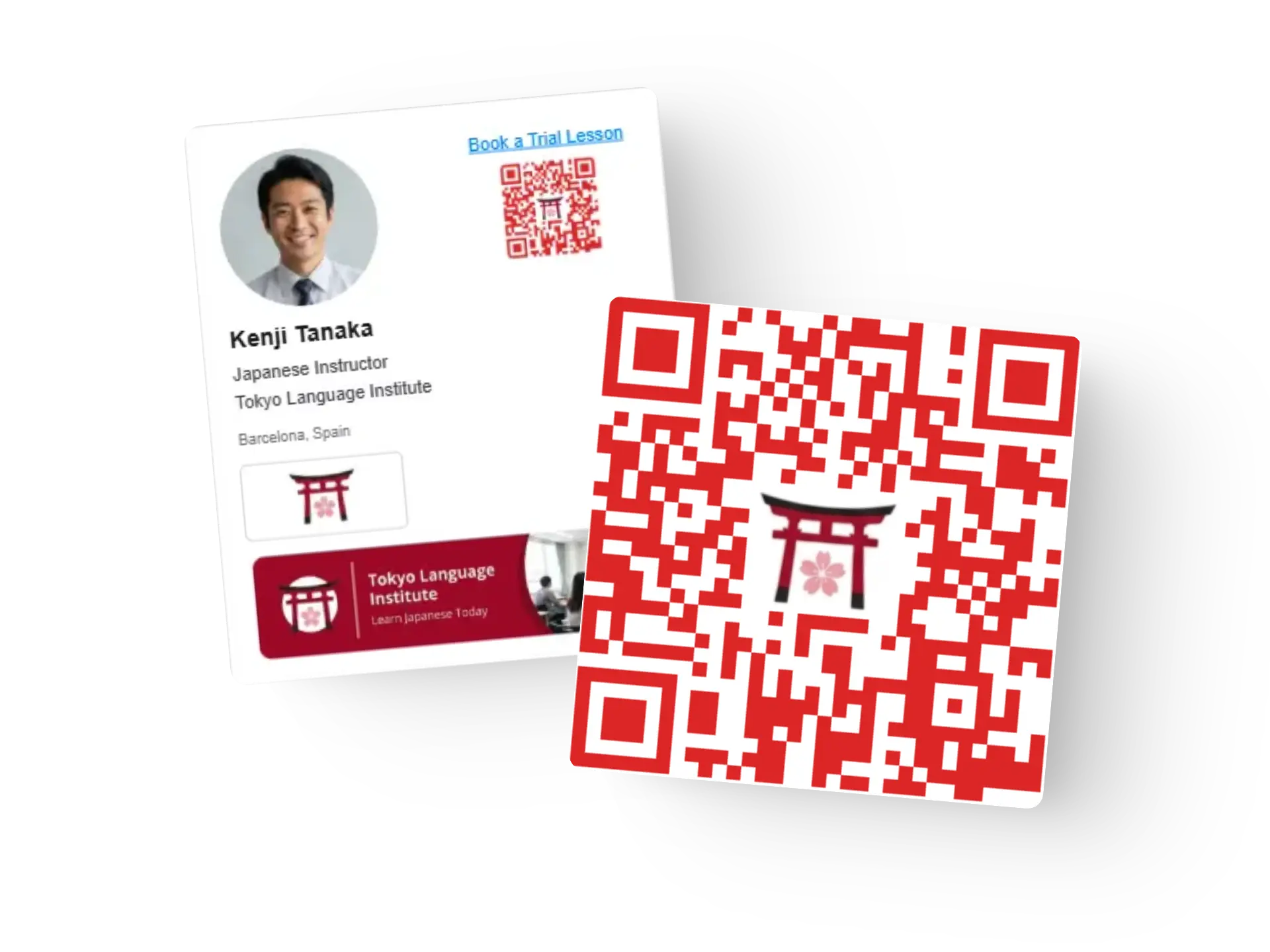 Professional email signature and custom QR code for an employee profile builder page.