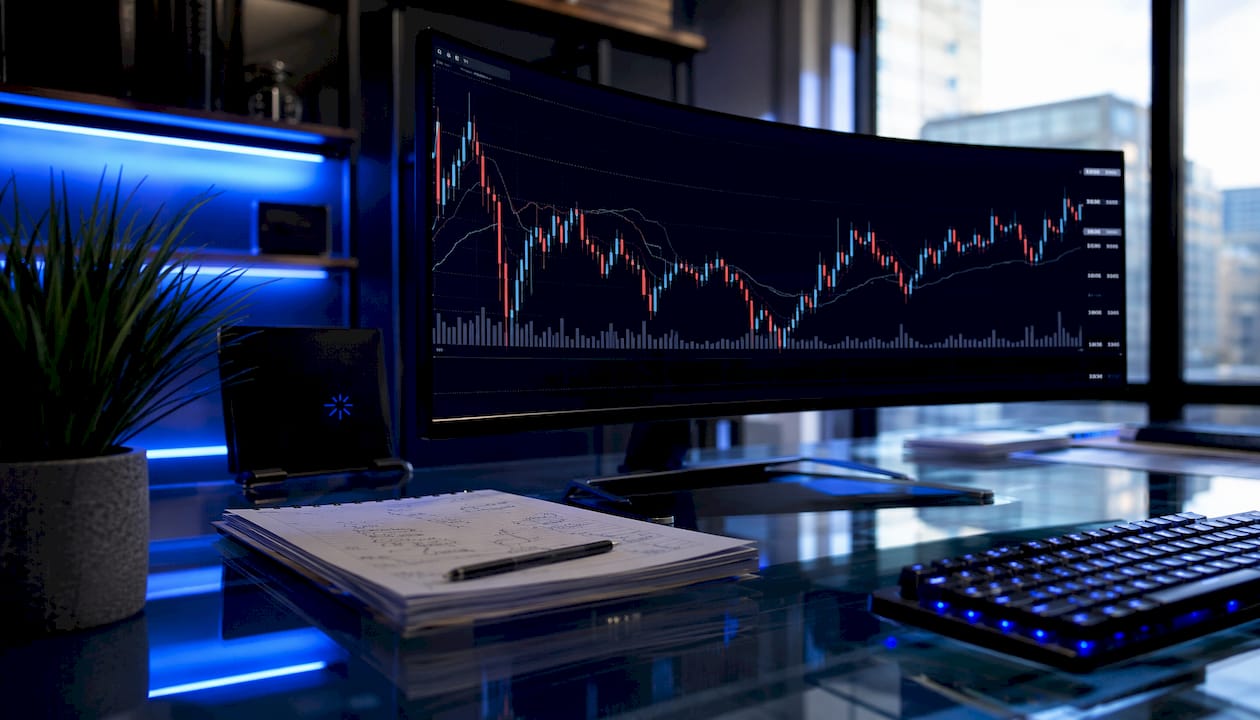 Close-up technology dashboard with trading charts and code