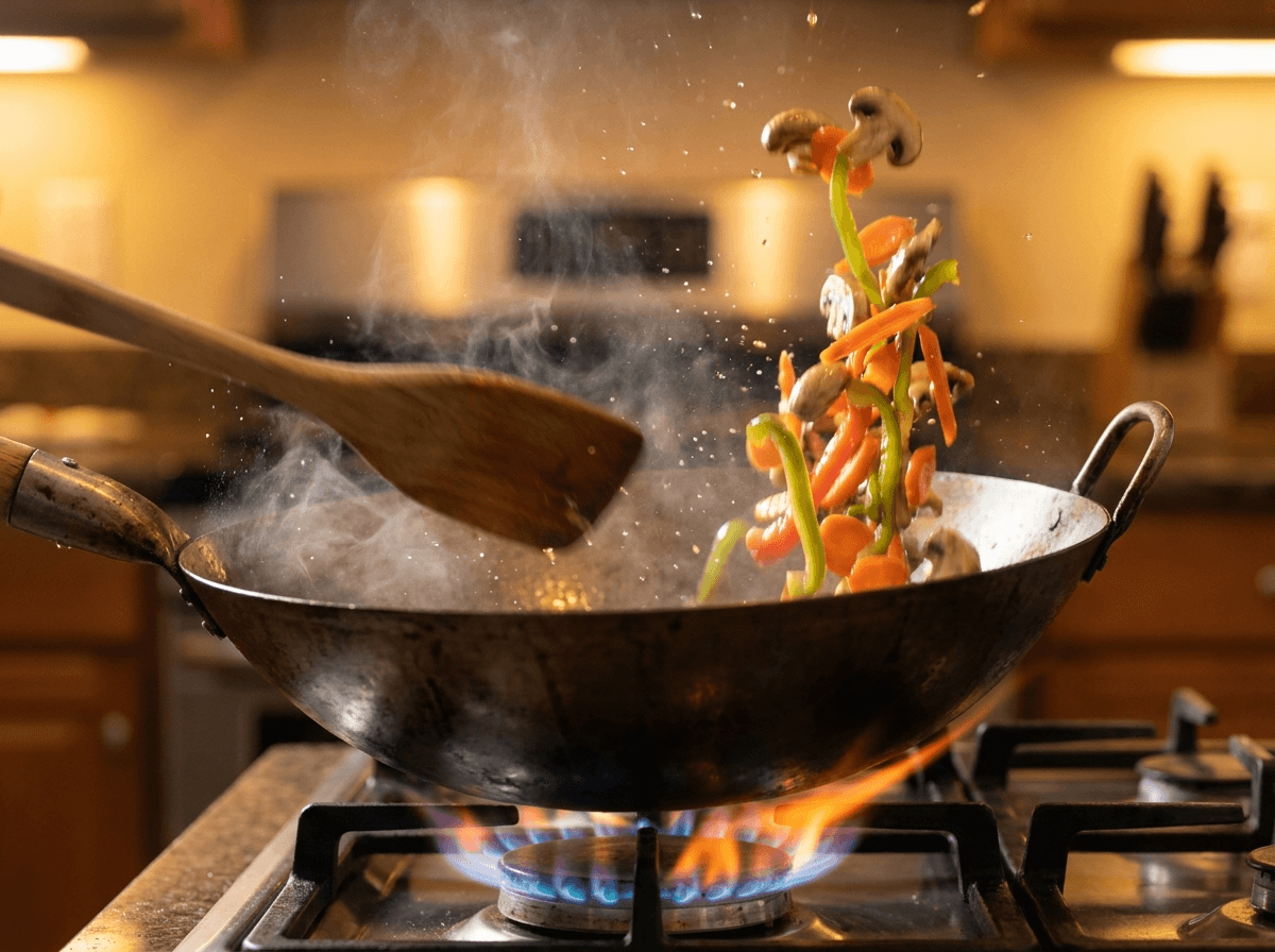 Colorful vegetables stir-fried in a hot wok for Chicken Lo Mein