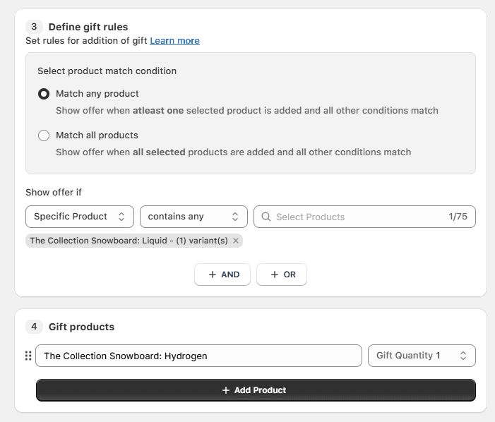 Eligibility conditions for Buy X Get Y using Monk Free Gift on Shopify