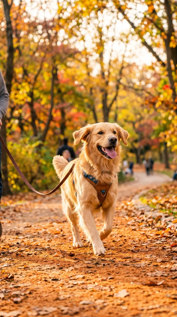 A golden retriever running on an autumn path
