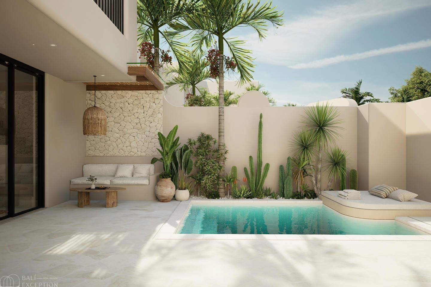 Serene Uluwatu courtyard with a private plunge pool and minimalist design, ideal for property investment.