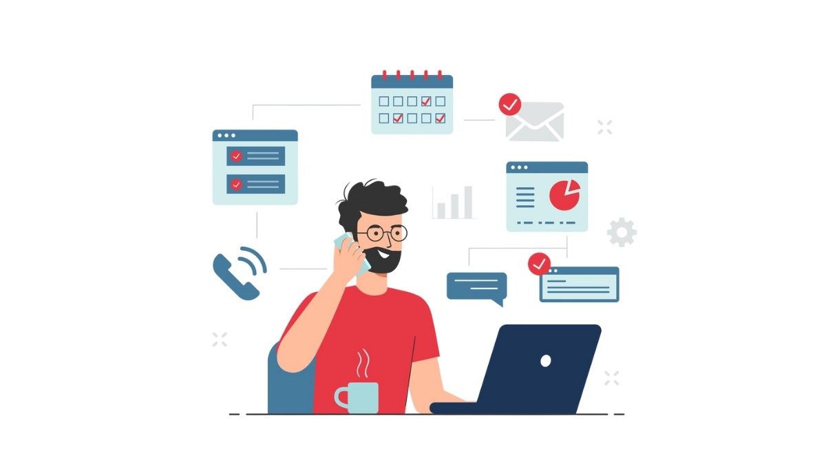 Illustration of two people adjusting interlocking gears within a circular arrow loop, surrounded by charts and checklists.
