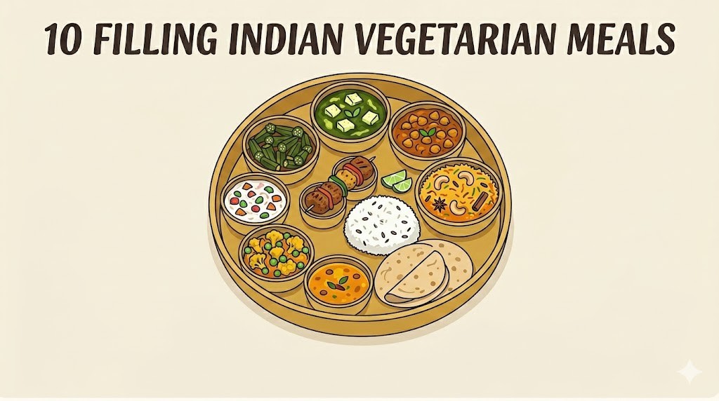 A circular golden thali featuring an assortment of ten Indian vegetarian dishes and sides, including palak paneer, chickpea curry, vegetable korma, okra masala, mixed vegetable raita, biryani with cashews, jeera rice, mixed vegetable curry, sambar, and a roti, with a title above reading "10 FILLING INDIAN VEGETARIAN MEALS".