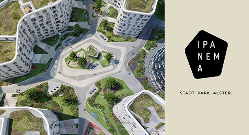 Luftaufnahme eines modernen Wohnkomplexes mit begrünten Dächern und einem zentralen Platz daneben ein schwarzes Logo mit dem Text 'IPANEMA' und darunter 'STADT. PARK. ALSTER.'