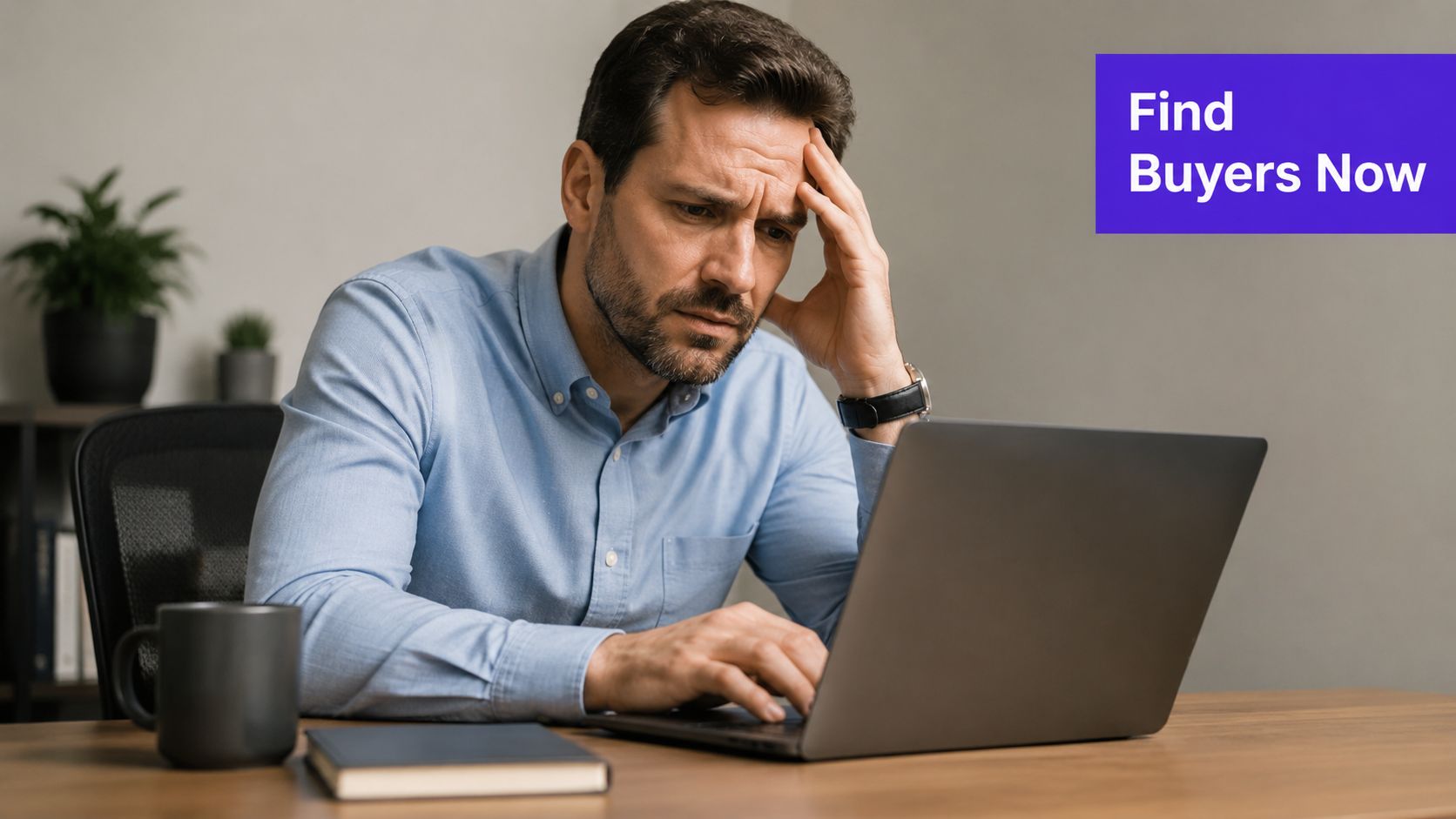 A stressed businessman looking at his laptop screen while sitting at his office desk.