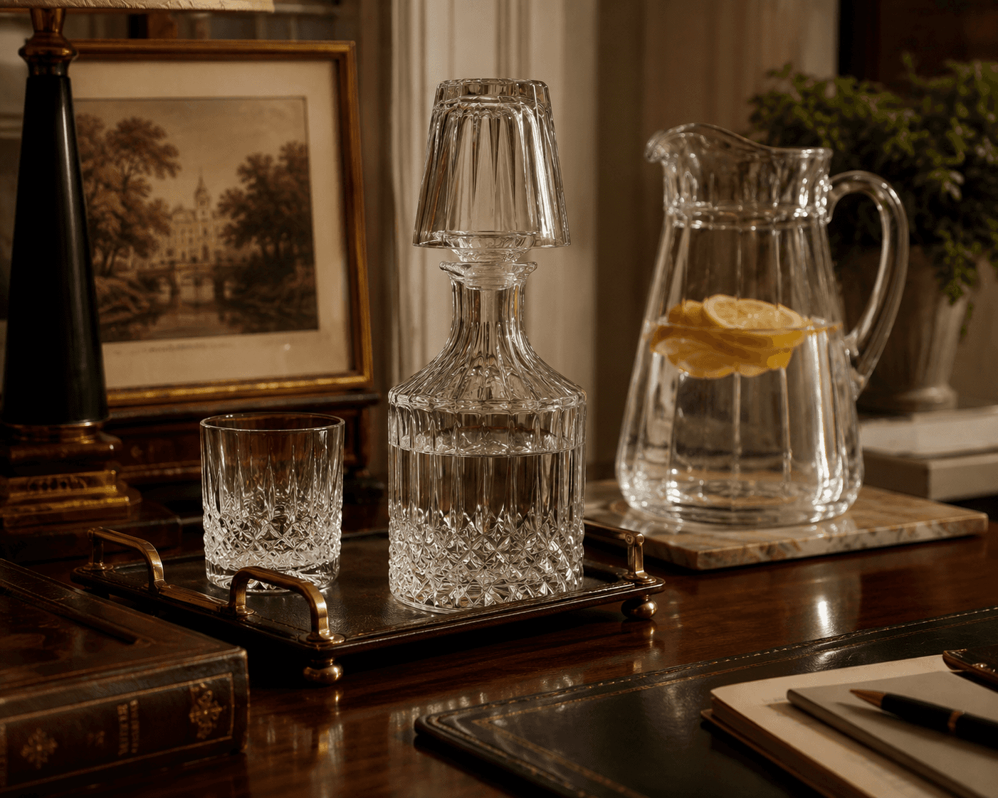 Elegant classic interior setting featuring cut-crystal glassware on a polished dark wood desk. A crystal carafe set with an inverted matching glass topper sits on a dark leather tray with brass handles alongside a lowball glass. In the background, a clear glass pitcher filled with water and lemon slices rests near a framed landscape print.
