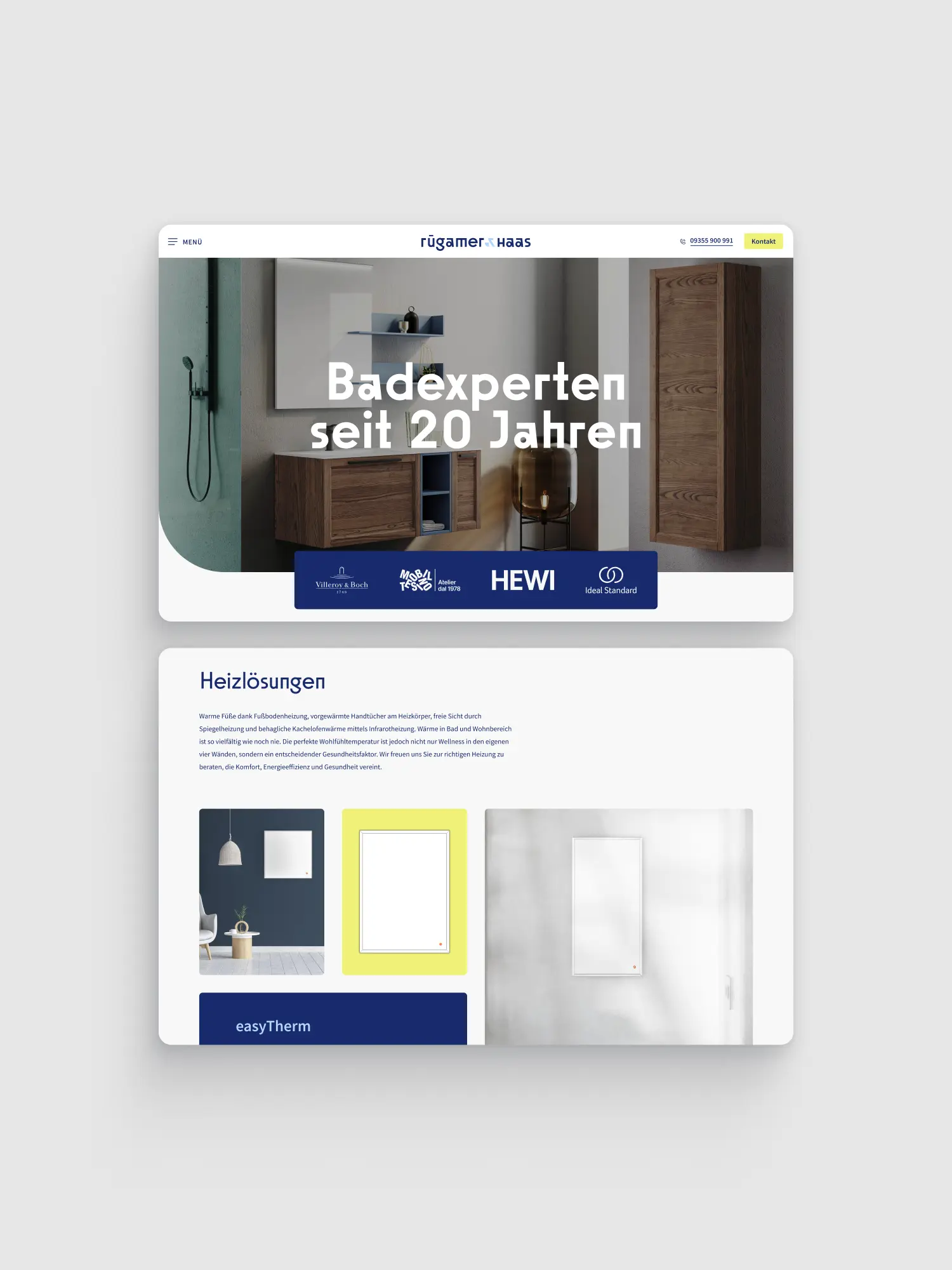 Plakatmockup von Rügamer & Haas an einer gelben Hauswand mit dem Slogan „Badexperten seit 20 Jahren“ und Foto eines modernen Badezimmers.