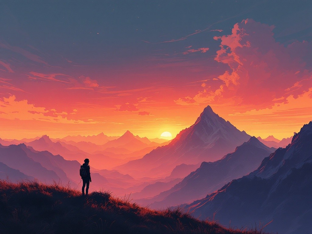 A lone hiker stands on a grassy hilltop, gazing out at a breathtaking sunset over a vast mountain range. The sky is ablaze with warm hues of orange and red, casting a golden glow on the snow-capped peaks.