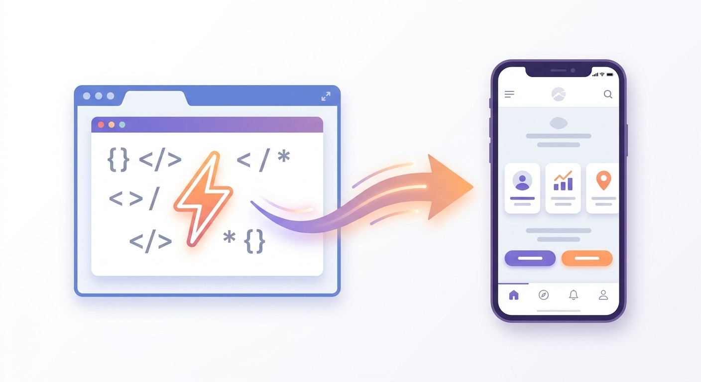Illustration of a Bolt.new web project being converted into a native iOS and Android mobile app