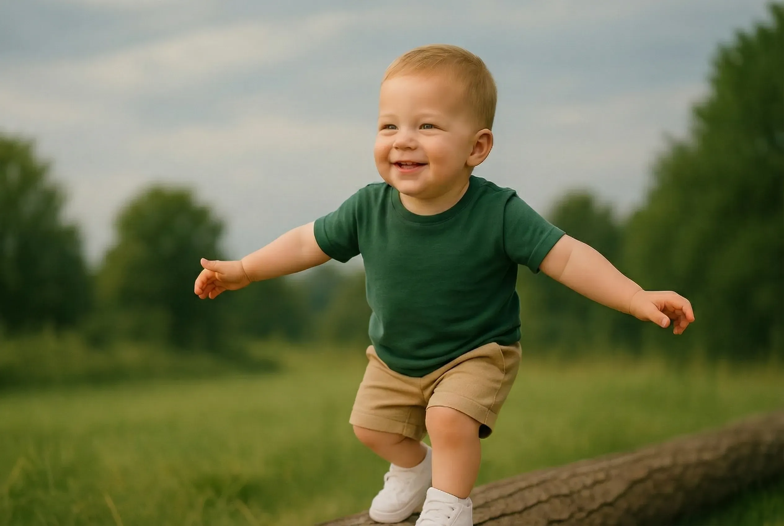 A smiling toddler in a green shirt stands joyfully on a log in a grassy field with trees in the background.