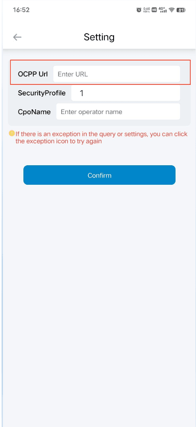 OCPP settings screen with URL field and Security profile set to 0