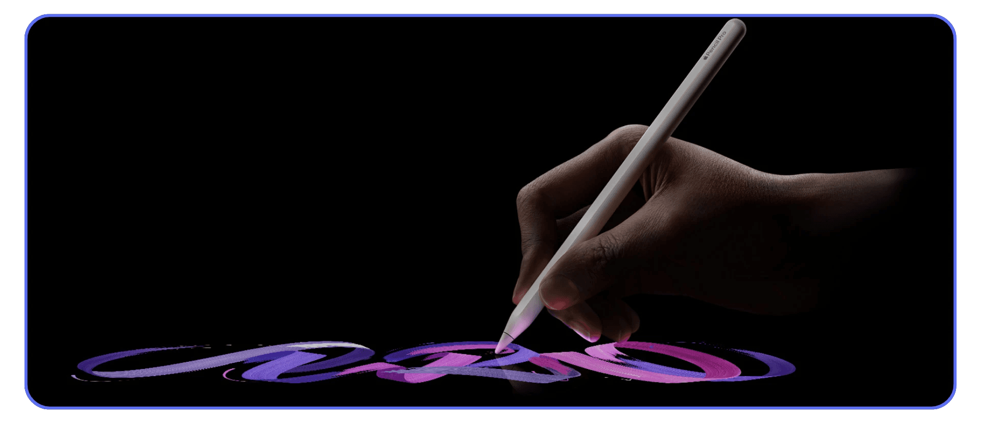 Hand holding an Apple Pencil, drawing glowing purple and pink strokes on a black background, emphasizing digital art precision and stylus control.